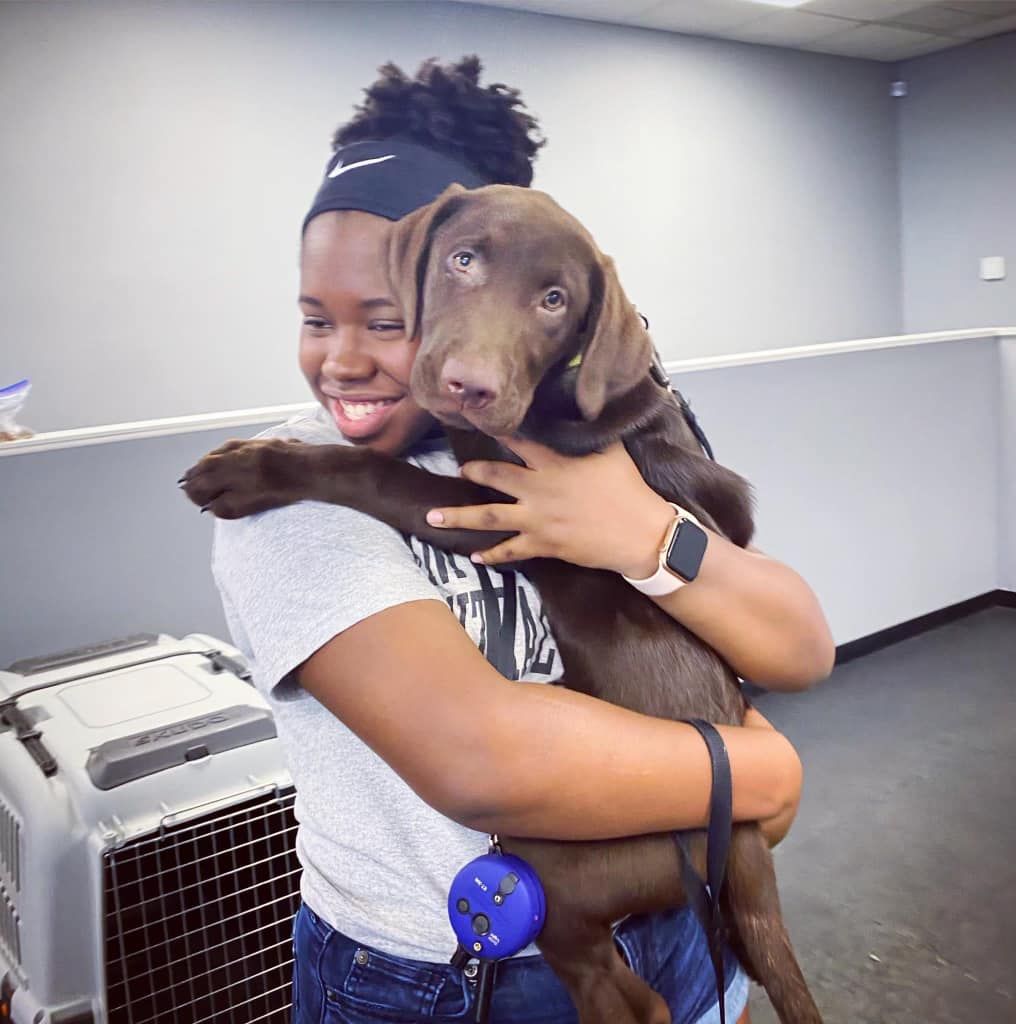 A happy puppy raiser volunteer holding a chocolate lab puppy in her arms