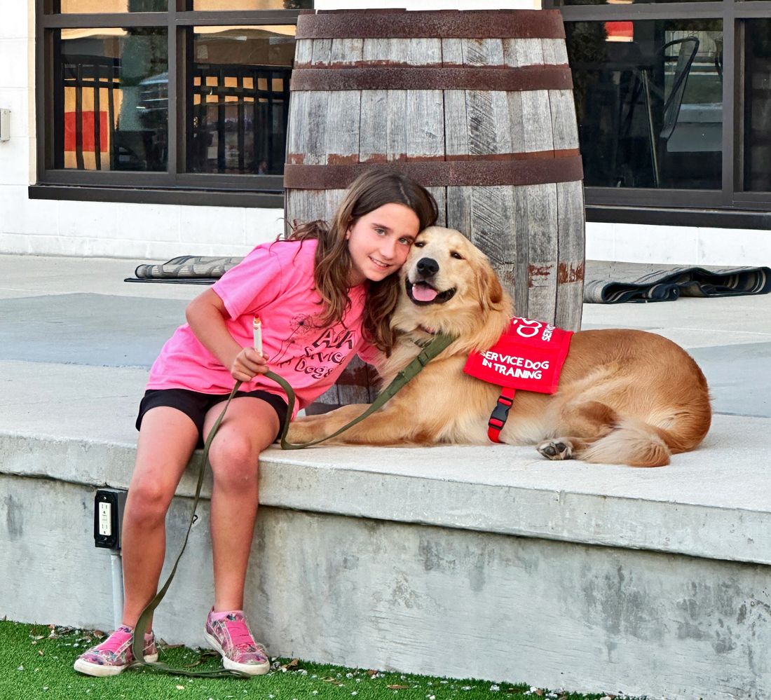 A girl volunteer in a pink shirt hugging a happy golden retriever service dog in training